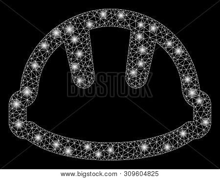 Flare Mesh Hardhat With Glare Effect. Abstract Illuminated Model Of Hardhat Icon. Shiny Wire Carcass