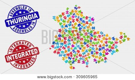 Element Thuringia Land Map And Blue Assembled Seal, And Integrated Scratched Seal Stamp. Colorful Ve