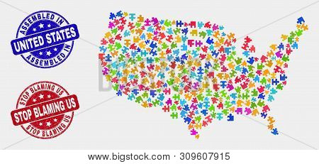 Module United States Map And Blue Assembled Watermark, And Stop Blaming Us Scratched Seal Stamp. Bri