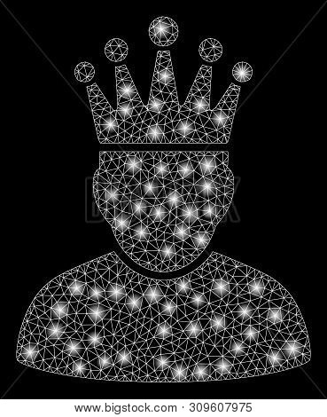 Glossy Mesh King With Glare Effect. Abstract Illuminated Model Of King Icon. Shiny Wire Frame Polygo
