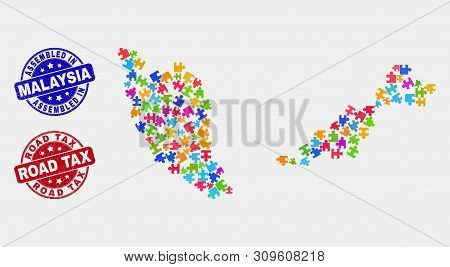 Element Malaysia Map And Blue Assembled Seal, And Road Tax Textured Seal Stamp. Colorful Vector Mala