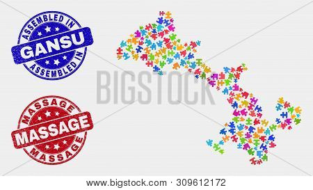 Element Gansu Province Map And Blue Assembled Seal, And Massage Textured Seal Stamp. Colorful Vector