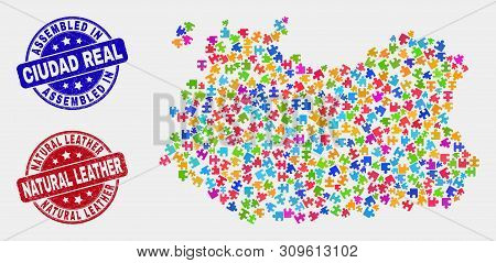 Puzzle Ciudad Real Province Map And Blue Assembled Stamp, And Natural Leather Grunge Seal. Bright Ve