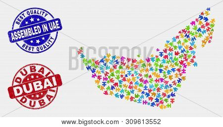 Constructor United Arab Emirates Map And Blue Assembled Seal Stamp, And Dubai Distress Seal Stamp. B