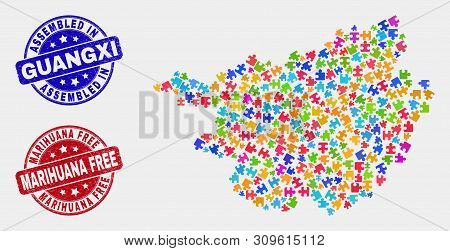 Bundle Guangxi Province Map And Blue Assembled Seal Stamp, And Marihuana Free Distress Seal. Colored
