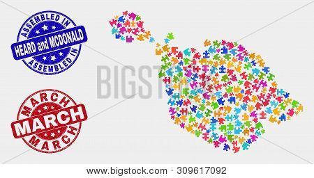 Constructor Heard And Mcdonald Islands Map And Blue Assembled Seal Stamp, And March Scratched Stamp.