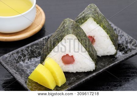 Onigiri, Japanese Food, Japanese Rice Ball, Rice Triangle With Nori And Umeboshi