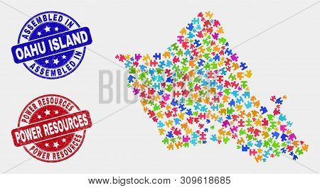 Component Oahu Island Map And Blue Assembled Stamp, And Power Resources Distress Stamp. Bright Vecto