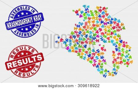 Puzzle Krasnodarskiy Kray Map And Blue Assembled Seal Stamp, And Results Textured Watermark. Colorfu