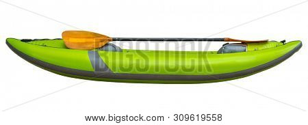 green inflatable whitewater one person kayak with a paddle isolated on white with clipping mpath, side view
