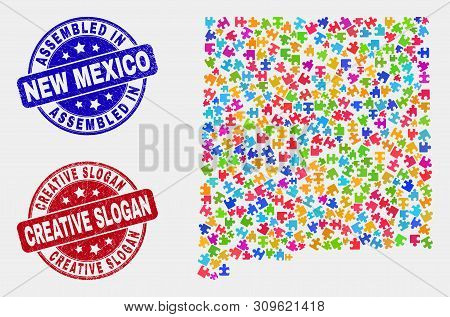Puzzle New Mexico State Map And Blue Assembled Seal Stamp, And Creative Slogan Textured Seal Stamp. 