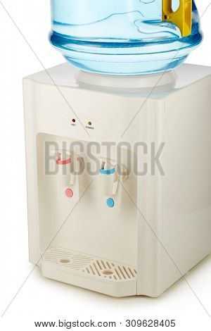 White water cooler with big blue plastic bottle full of purified water
isolated on white background. Potable pure water. Water-cooler for office and home. Bottled watercooler