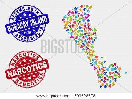 Constructor Boracay Island Map And Blue Assembled Seal Stamp, And Narcotics Grunge Stamp. Bright Vec