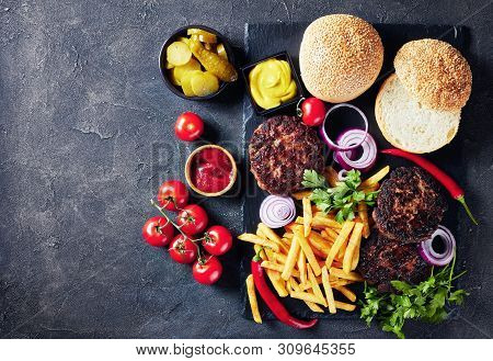 Hamburger Building Kit - Freshly Baked Buns, Fried Beef Burgers, Pickles, Ketchup, Mustard, Onion Ri