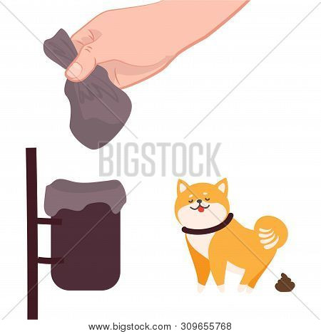 The Concept Of Cleaning Feces While Walking Dogs. Hand Holding A Disposable Bag Of Dog Excrement Ove
