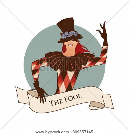 Major Arcana Emblem Tarot Card. The Fool. Joker With Top Hat Decorated With Flowers, Mask And Rhombu