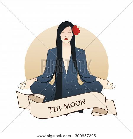 Major Arcana Emblem Tarot Card. The Moon. Beautiful Girl Meditating In Lotus Position And Full Moon 