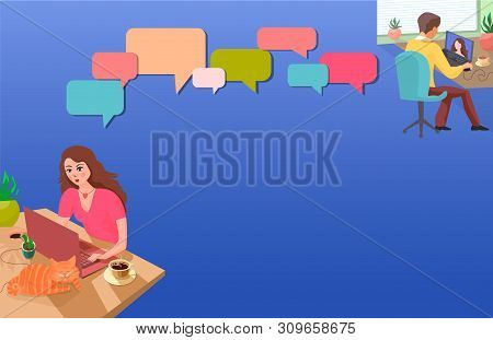 Beautiful Girl At The Home Table Communicates With Her Boyfriend Online. The Concept Of Online Datin