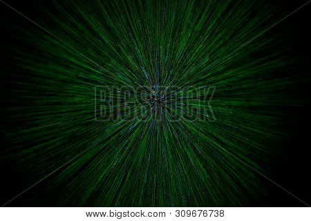 Natural Lens Zoom Explosion Radial Blurred Green Particles On Black Background With Selective Focus