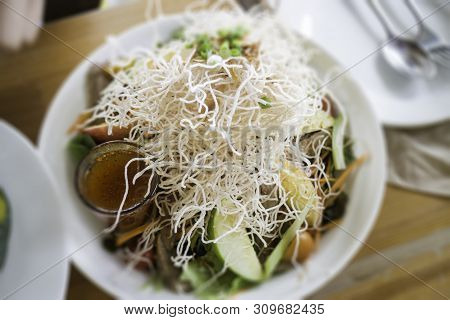 Spicy Grilled Pork Salad In Thai Style Food, Stock Photo