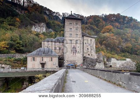 St. Maurice Fortress, Switzerland - October 27, 2015: Frontal View Of St. Maurice History Fortress, 