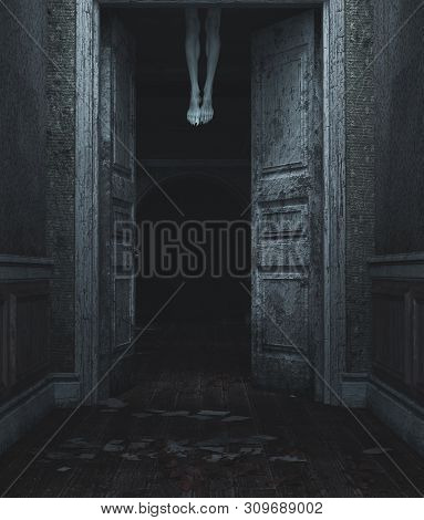 Devil's Legs,3D Illustration Of Dead Body's Legs Hang From The Ceiling Behind The Doors