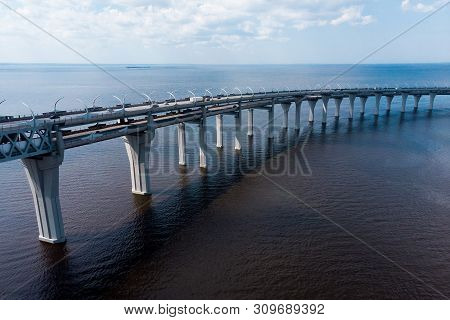 Aerial View Of The Bridge With Cars Through The High-speed Way. Highway Road Line. Highway. Zsd, Wes