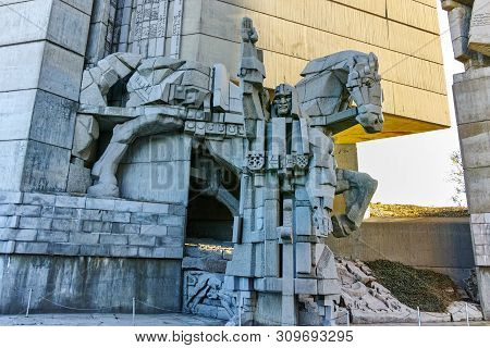 Shumen, Bulgaria - April 10, 2017:  Founders Of The Bulgarian State Monument Near Town Of Shumen, Bu