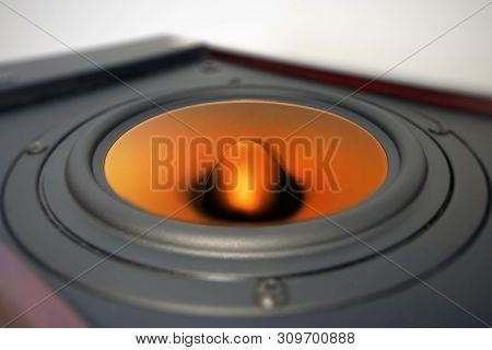 Hifi Gold And Black Loud Speaker Box In Close Up.professional Audio Equipment For Dj,musician,party.