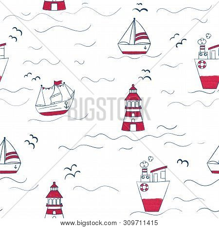 Marine Pattern With Boats And Lighthouse On A White Background. Hand Drawing. Sketch Style