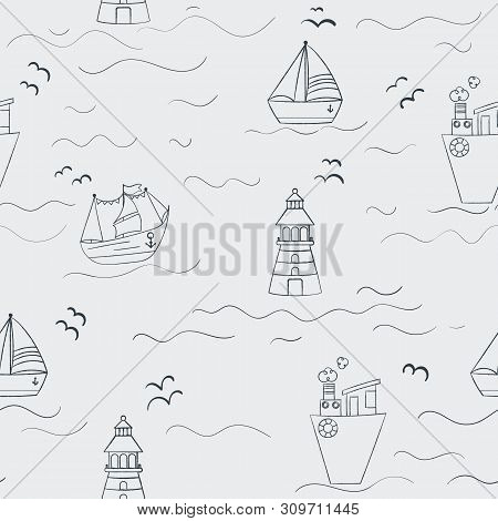 Marine Pattern With Boats And Lighthouse. Hand Drawing By Lines. Ink And Sketch Style