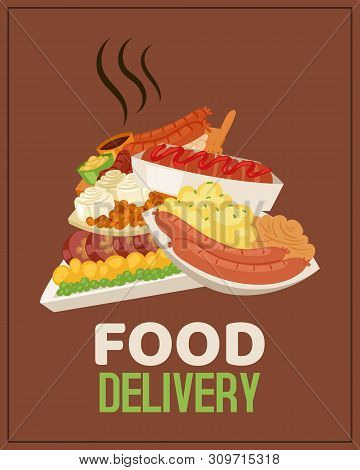 Food Delivery Service Poster, Banner Vector Illustration. Dishesh Of Different Cuisine From Restaura