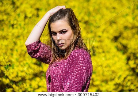 Summer Blooming Trees And Yellow Flowers. Fashion Beauty. Sexy Woman In Spring Blossom. Pretty Woman