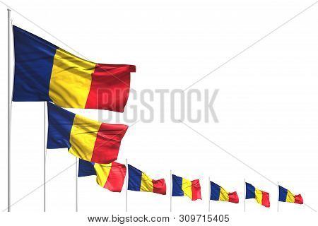 Wonderful Many Romania Flags Placed Diagonal Isolated On White With Place For Content - Any Feast Fl
