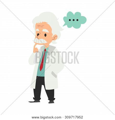 Old Male Scientist Stands With Thinking Gesture And Thought Bubble Cartoon Style