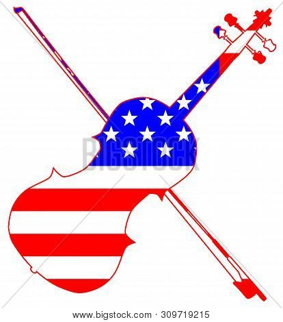A Typical Violin And Bow Silhpuette Over Old Glory Isolated Over A White Background