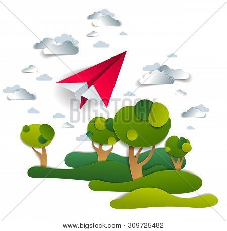 Origami Paper Plane Toy Flying In The Sky Over Meadows And Trees, Perfect Vector Illustration Of Sce