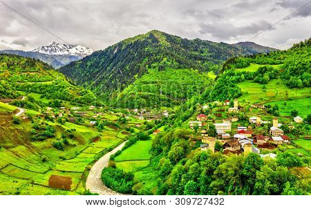 Aerial View Of Bogreshi And Nakipari Villages With Typical Tower Houses. Upper Svaneti, Georgia