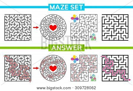 Maze, Labyrinth Conundrum For Kids. Maze Set, Collection Labyrinth. Children Puzzle Game. Vector Sto
