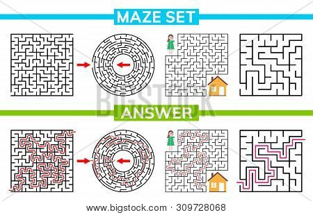 Maze, Labyrinth Conundrum For Kids. Maze Set, Collection Labyrinth. Children Puzzle Game. Vector Sto