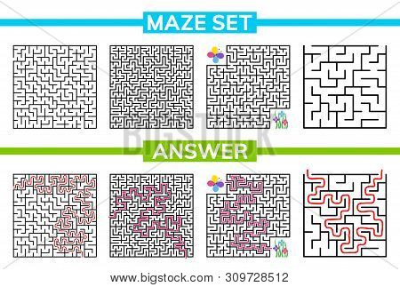Maze, Labyrinth Conundrum For Kids. Maze Set, Collection Labyrinth. Children Puzzle Game. Vector Sto