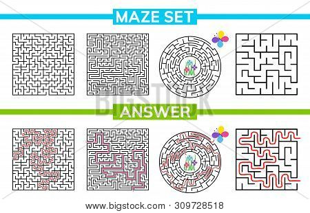 Maze, Labyrinth Conundrum For Kids. Maze Set, Collection Labyrinth. Children Puzzle Game. Vector Sto