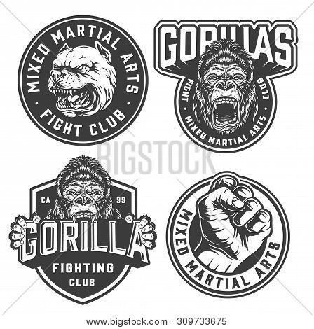 Vintage Fight Club Monochrome Labels With Angry Gorilla And Pitbull Heads And Male Fighter Fist Isol