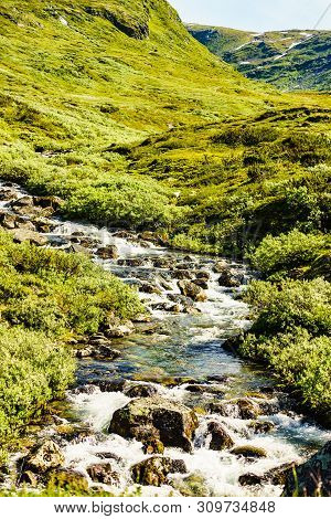 River Stream In Green Summer Mountains, Norway Natue