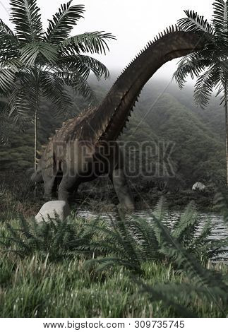 3d rendering of the walking alamosaurus in prehistoric jungle