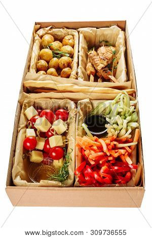 Delicious Farm Meal Carton Box Isolated Delivery. Fried Potato And Meat, Red Pepper Paprika, Carrot 