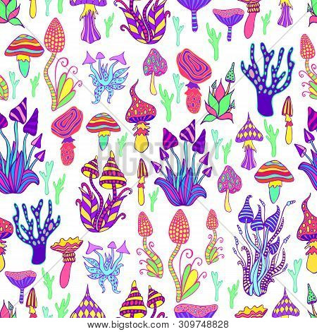 Bright, Hallucinogenic, Decorative, Fantastic Mushrooms, Rainbow Colors, Each Mushroom Has Its Own P