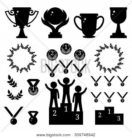 Collection Of Sport Awards. Black Silhouettes Of Trophies, Medals, Pedestal, Laure Frames, Coins. Fi