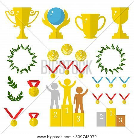 Collection Of Golden Sport Awards.flat Icons Of Trophies, Medals, Pedestal, Laure Frames, Coins. Fir