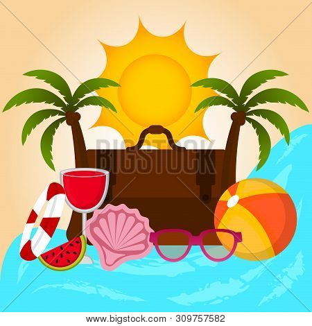 Summer Vacation Image With A Beach Objetcts, Sun And Vintage Travel Bag On A Seashore - Vector